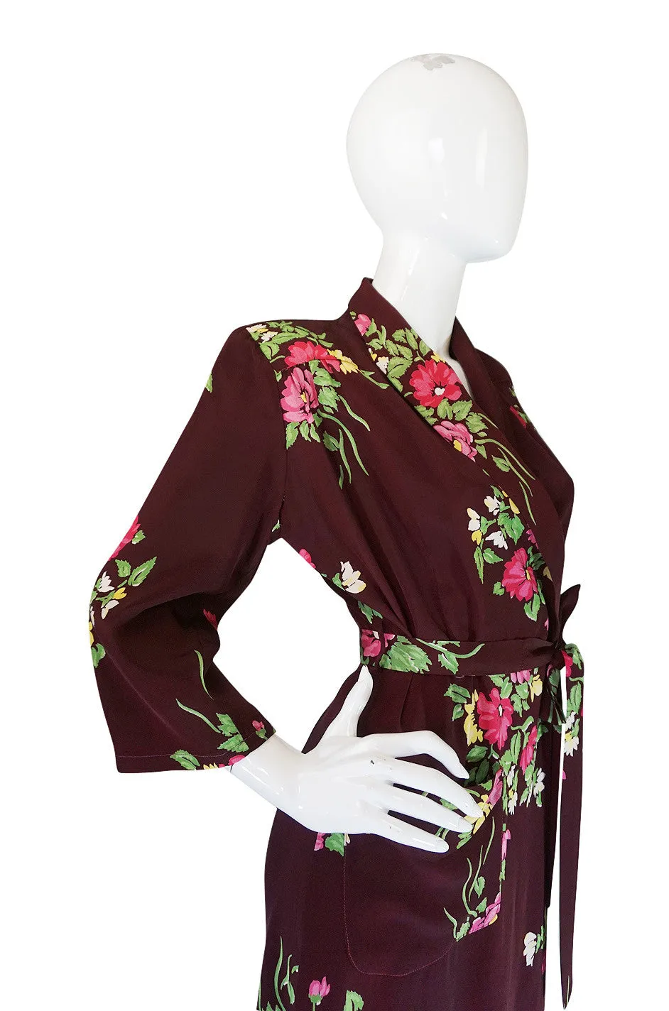 1940s Floral Rayon Wrapped & Belted Day Dress