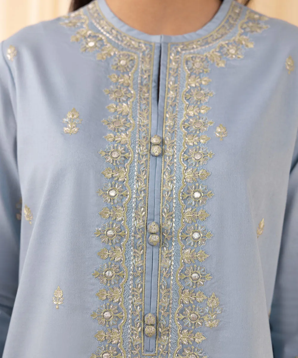 3 Piece -  Embroidered Cotton Satin Suit