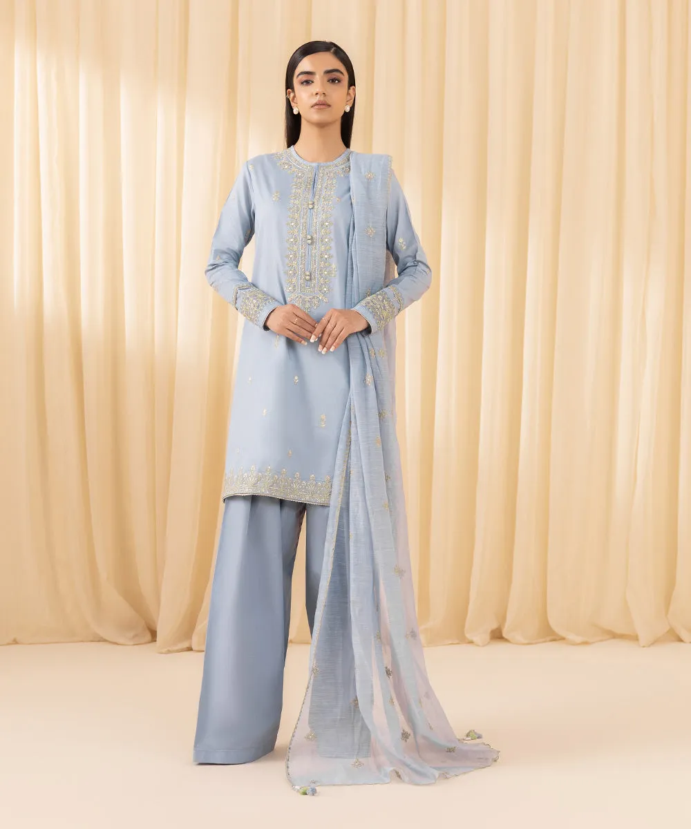 3 Piece -  Embroidered Cotton Satin Suit