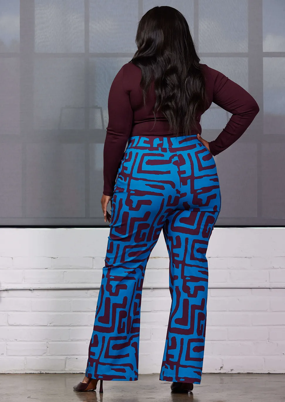 Abebe Women's African Print Stretch Wide Leg Pants (Fig Blue Geometric) - Clearance