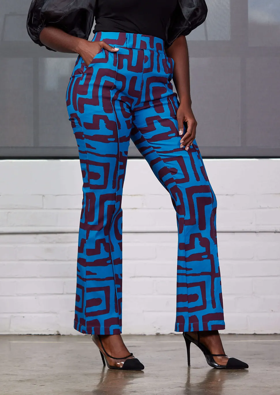 Abebe Women's African Print Stretch Wide Leg Pants (Fig Blue Geometric) - Clearance