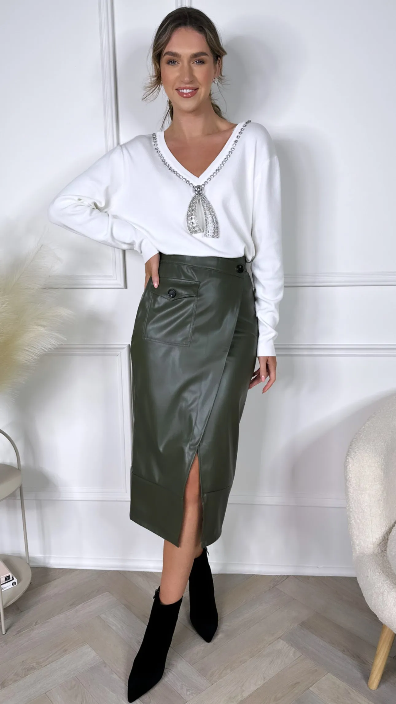 Adair Khaki Leather Look Wrap Skirt