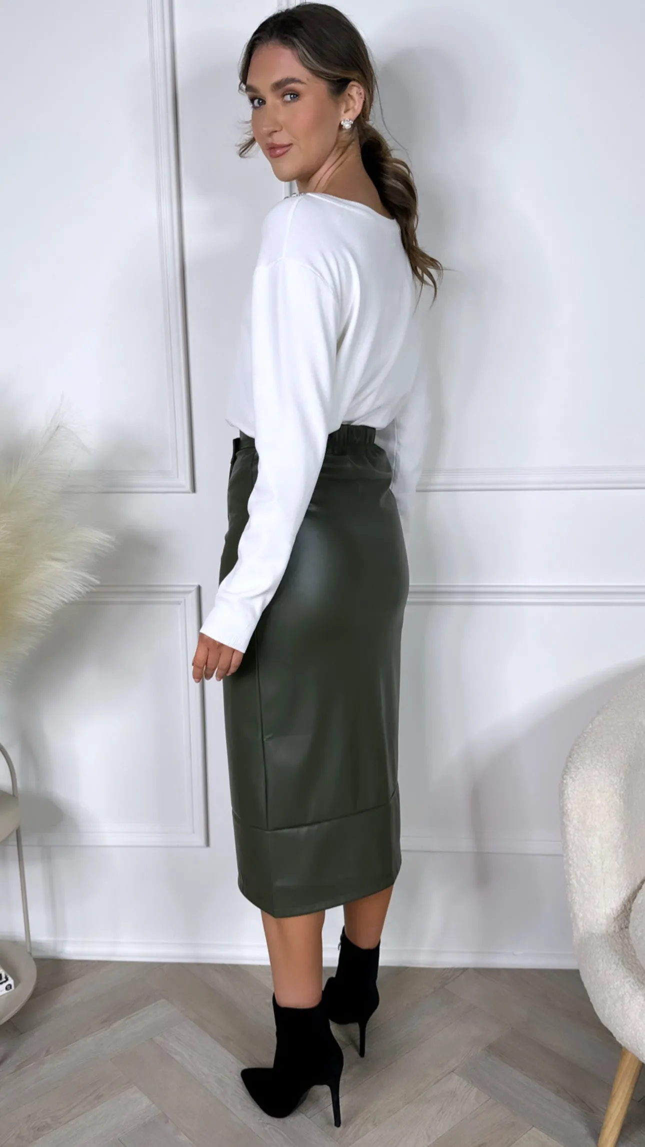 Adair Khaki Leather Look Wrap Skirt