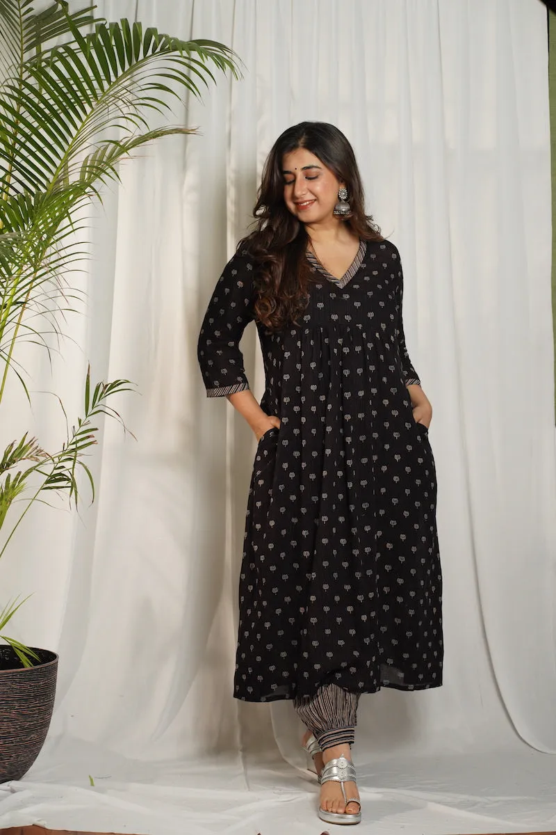 Ajrakh Lotus Pleated Mul Kurta