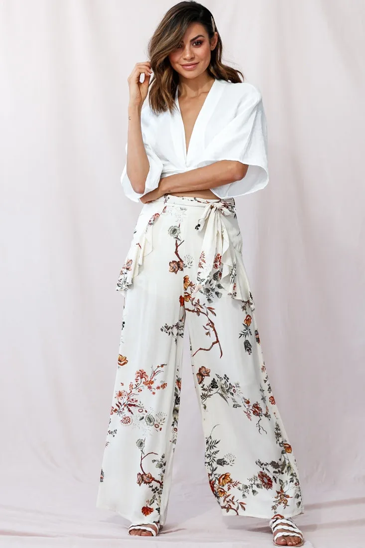 Amanda Wide-Leg Frill Detail Pants Floral Print Beige