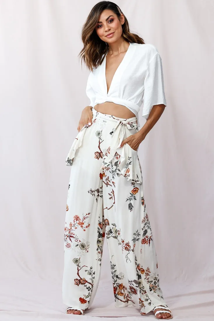 Amanda Wide-Leg Frill Detail Pants Floral Print Beige