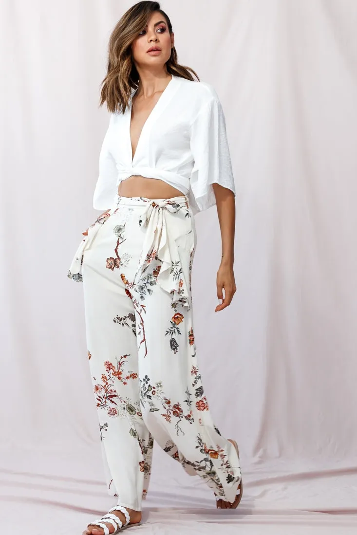 Amanda Wide-Leg Frill Detail Pants Floral Print Beige