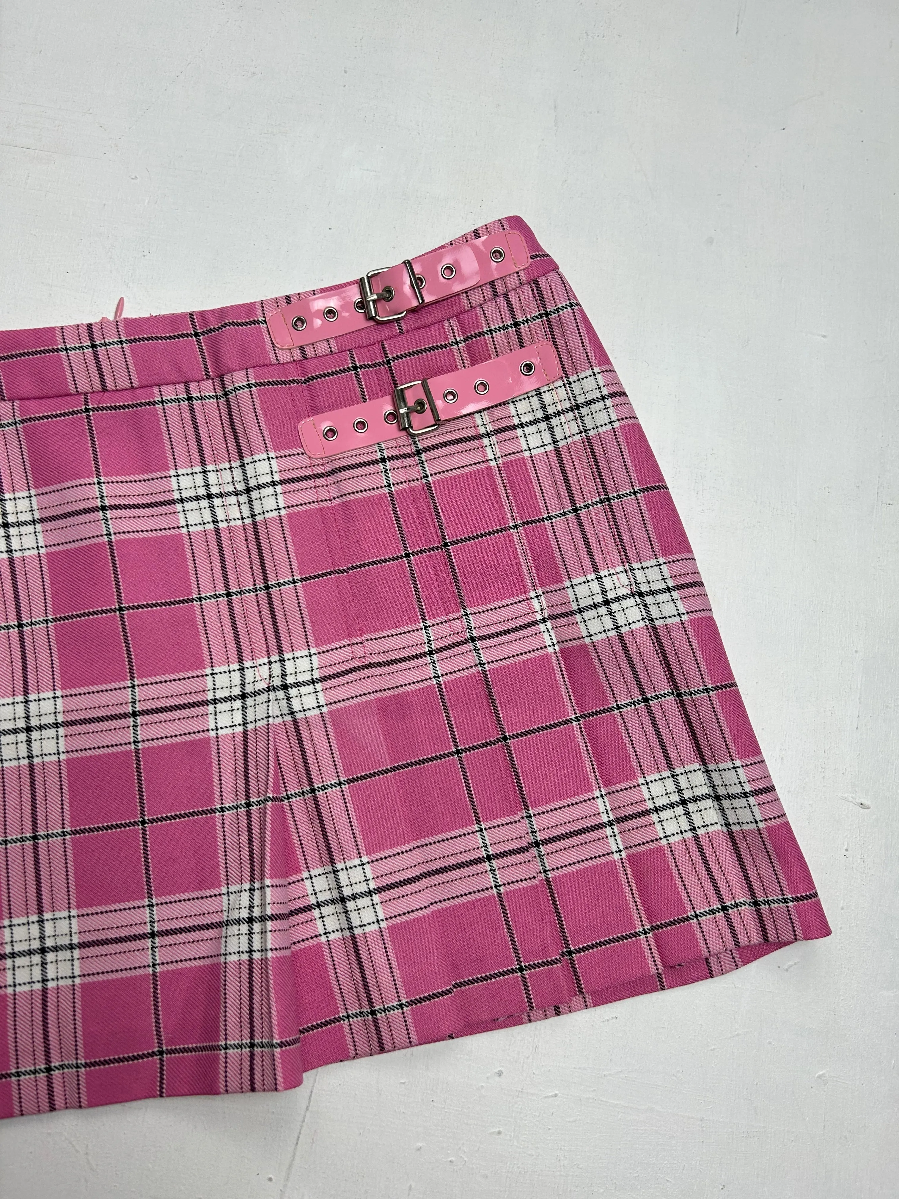 Baby pink check print belt low rise pleated mini skirt (S)