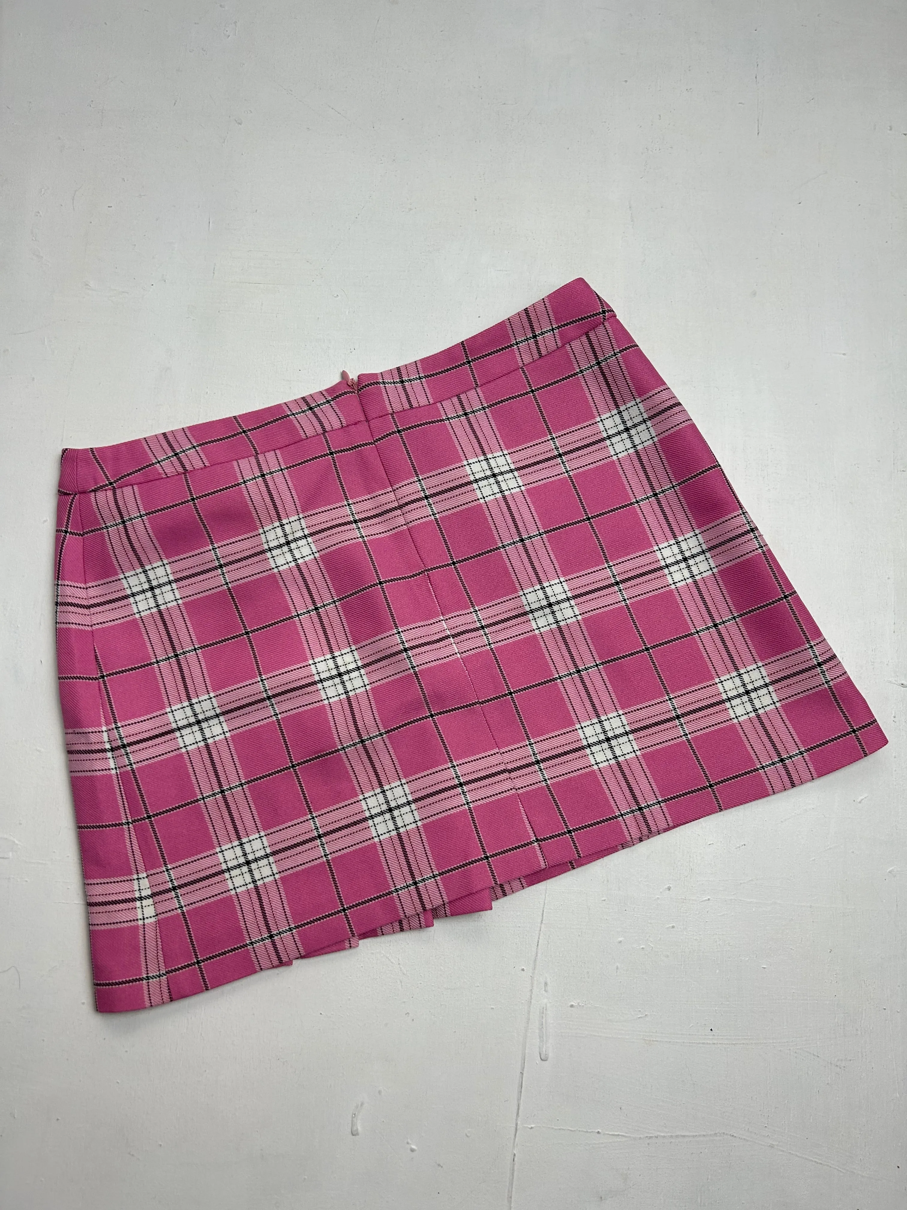 Baby pink check print belt low rise pleated mini skirt (S)