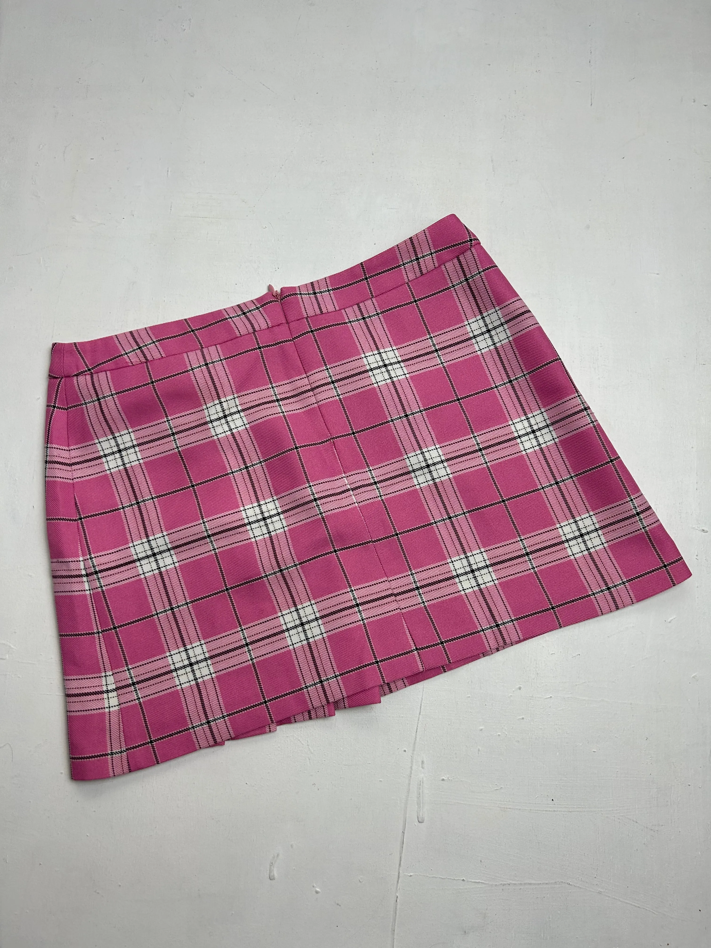 Baby pink check print belt low rise pleated mini skirt (S)