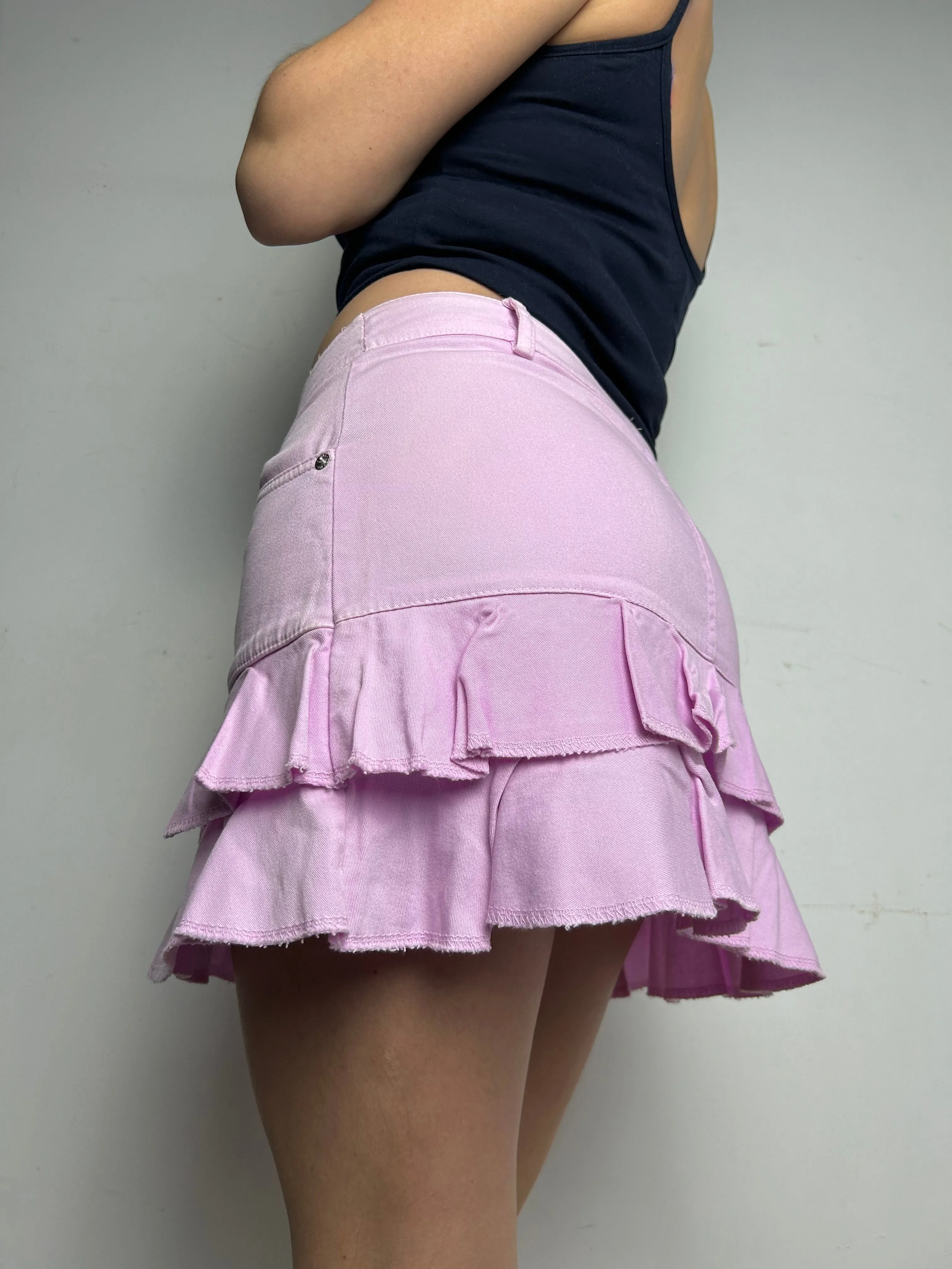 Baby pink low rise denim pleated mini skirt 90s y2k vintage (S)