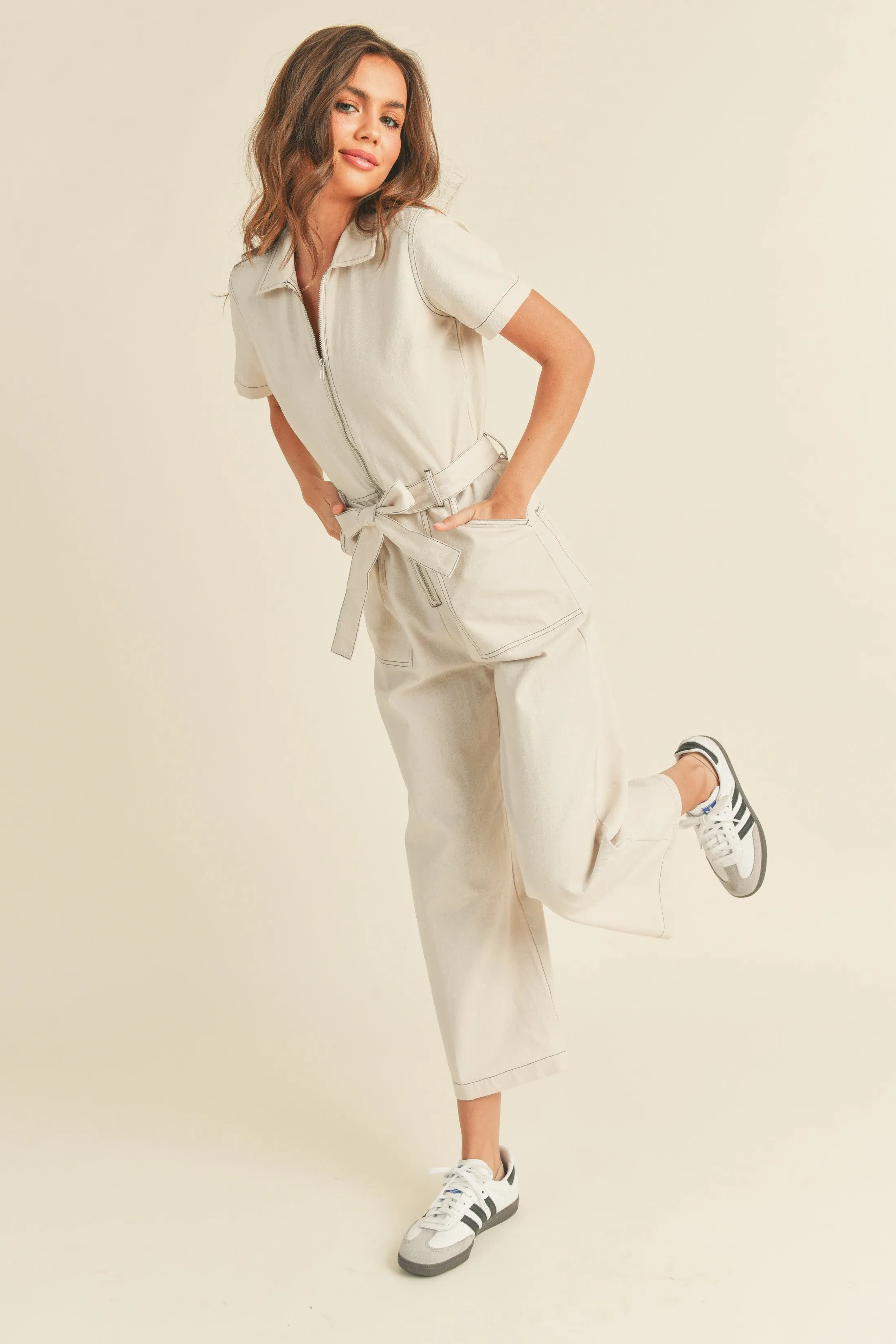 Beige Cotton Zipper Front Jumpsuit With Belt