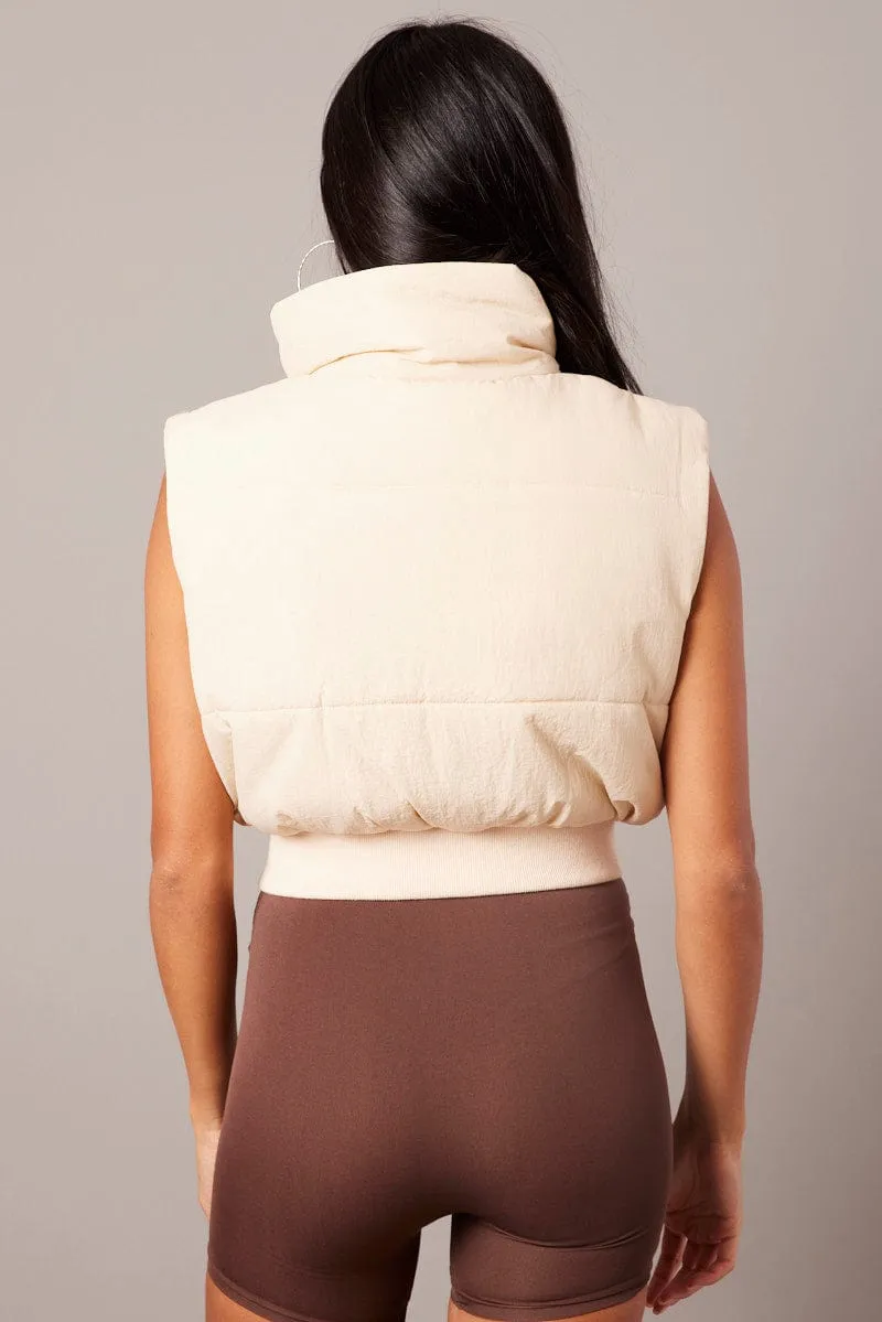 Beige Puffer Vest Crop Sleeveless