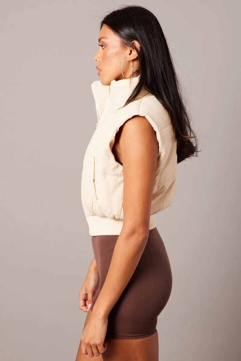 Beige Puffer Vest Crop Sleeveless