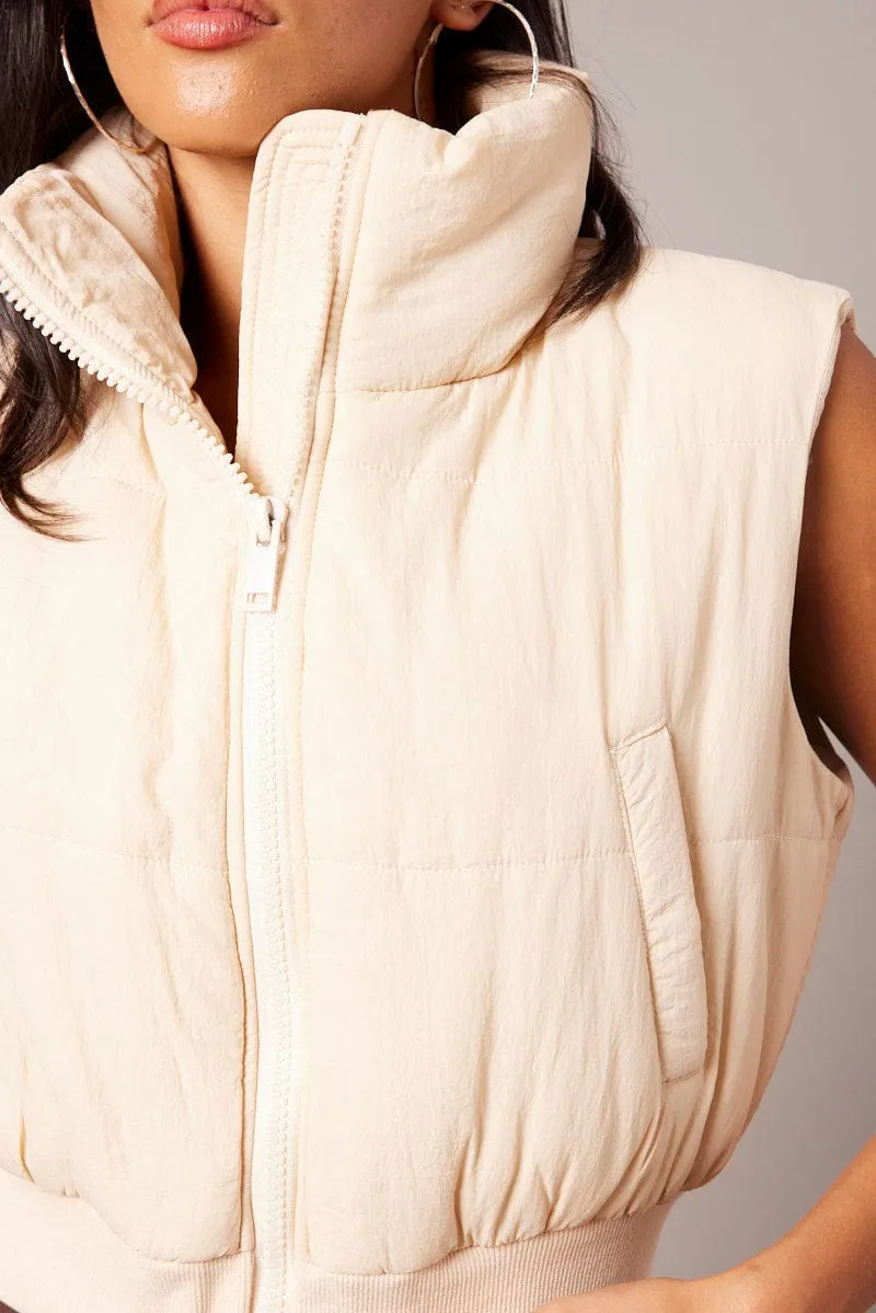 Beige Puffer Vest Crop Sleeveless