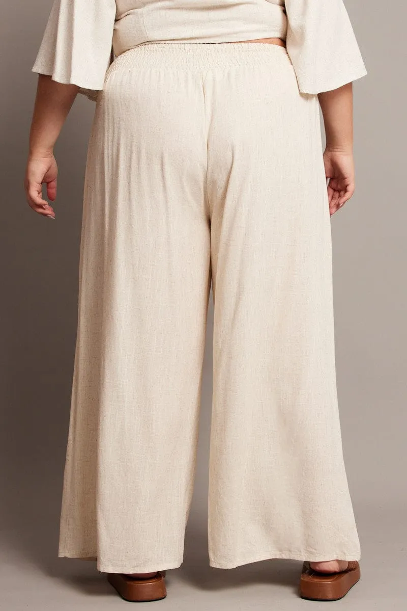 Beige Shirred Waist Wide Leg Pants