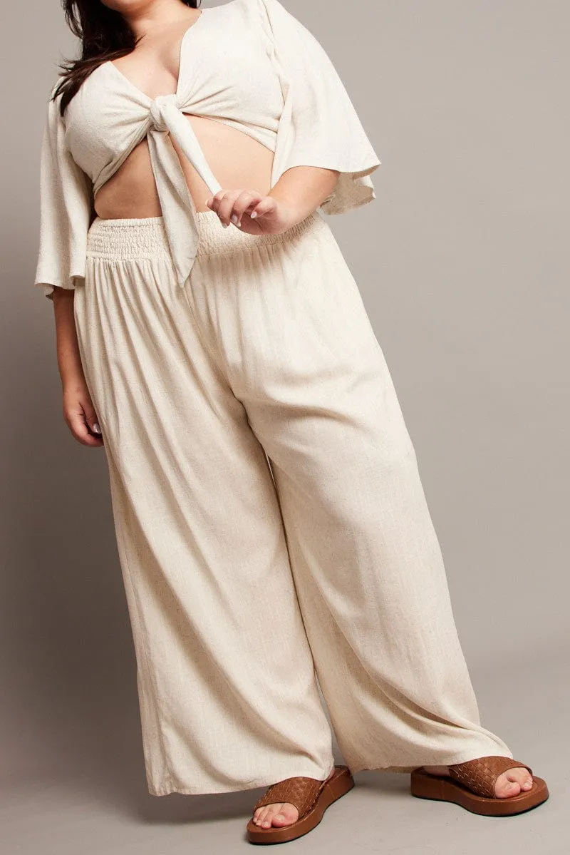 Beige Shirred Waist Wide Leg Pants