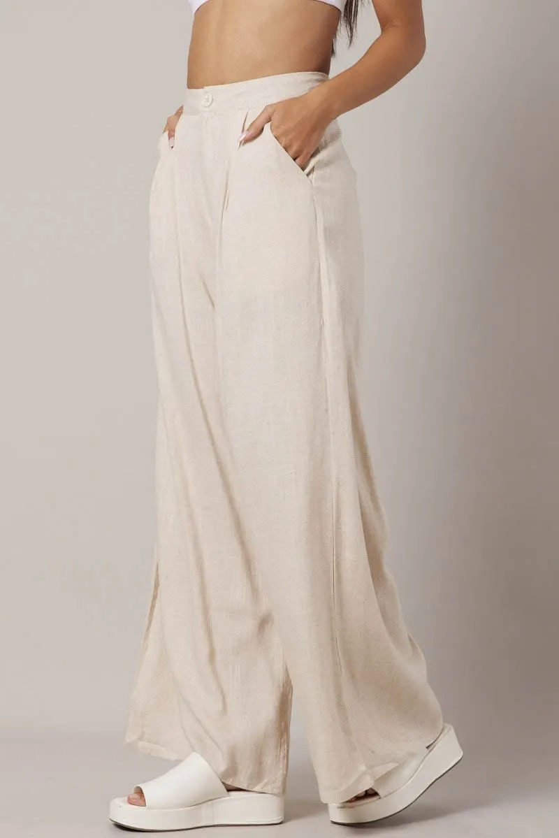 Beige Wide Leg Pants High Rise Linen Blend