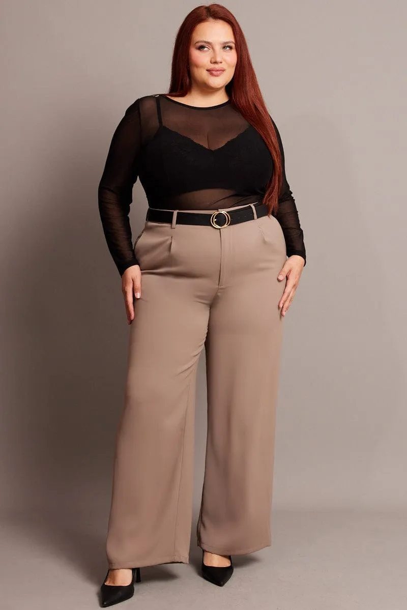 Beige Wide Leg Pants High Rise