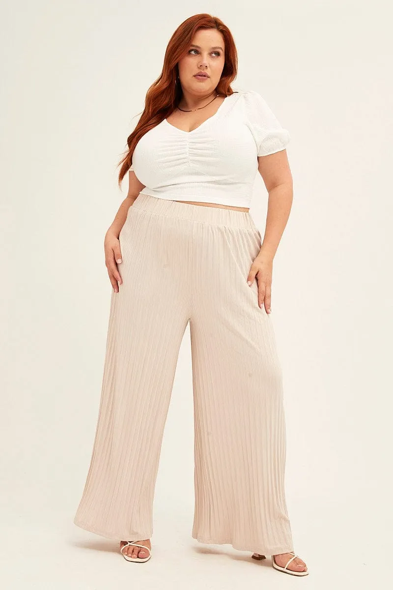 Beige Wide Leg Pants High Rise