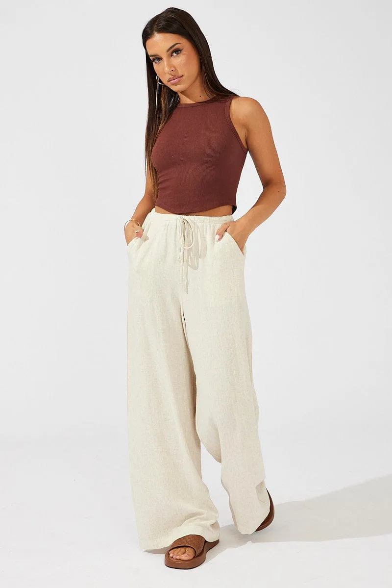 Beige Wide Leg Pants High Rise