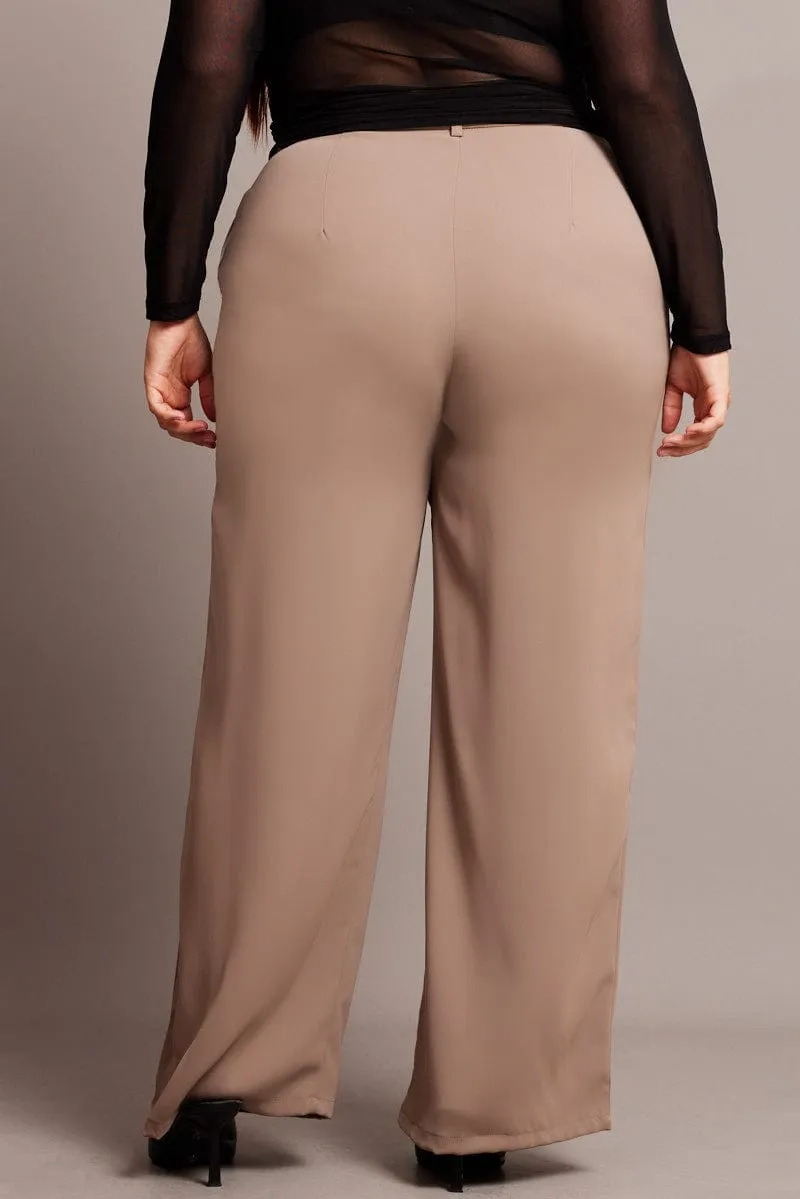 Beige Wide Leg Pants High Rise