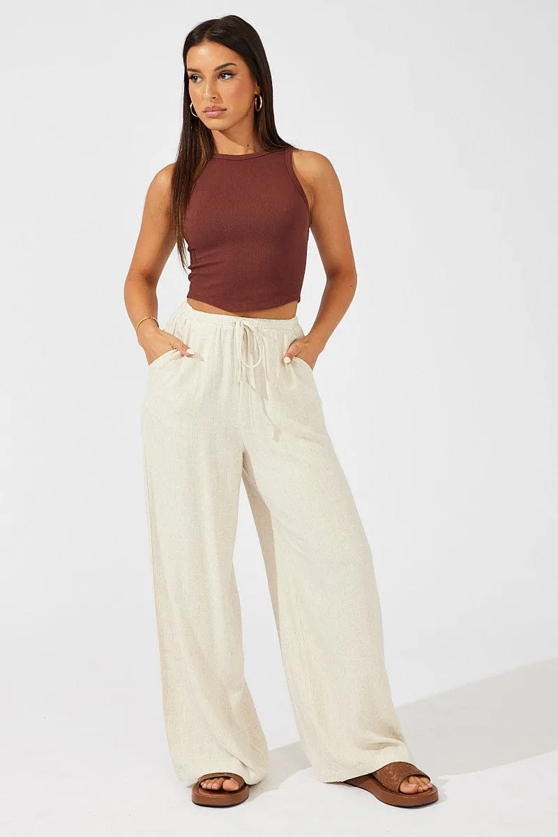 Beige Wide Leg Pants High Rise