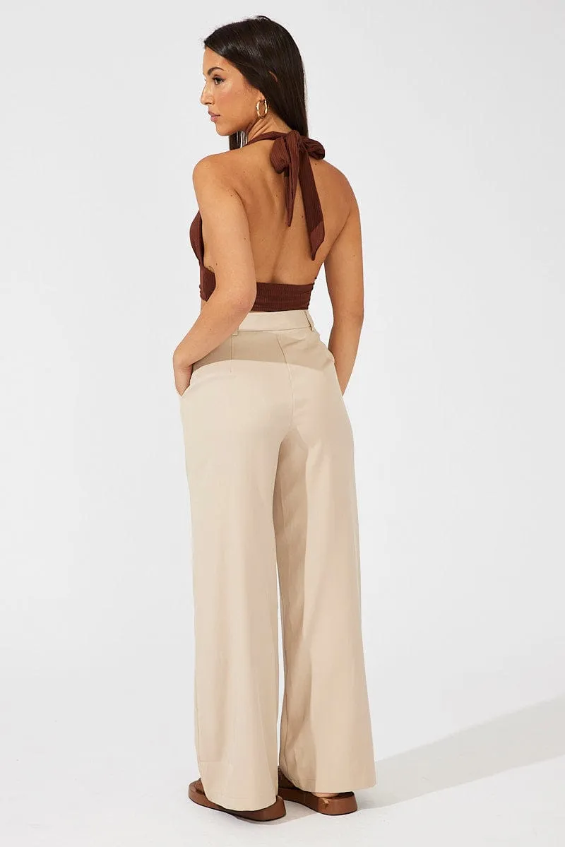 Beige Wide Leg Pants High Rise