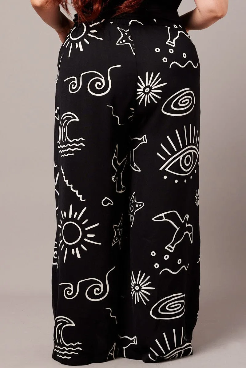 Black Abstract Wide Leg Pants High Rise