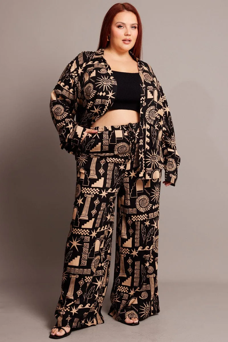 Black Abstract Wide Leg Pants High Rise