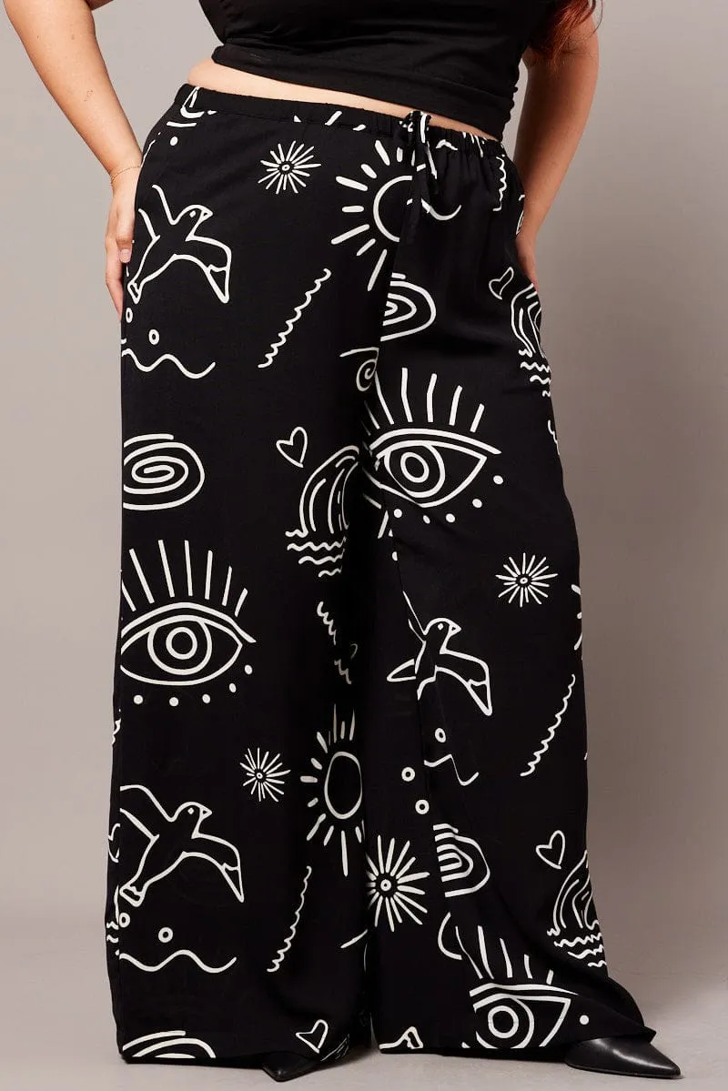 Black Abstract Wide Leg Pants High Rise