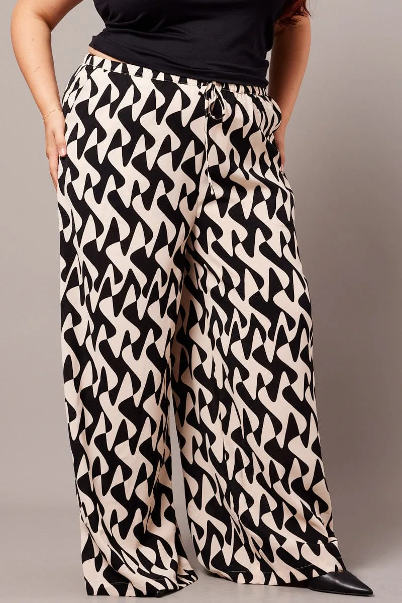 Black Abstract Wide Leg Pants High Rise