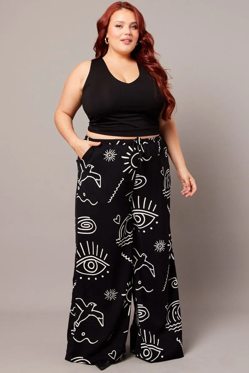 Black Abstract Wide Leg Pants High Rise