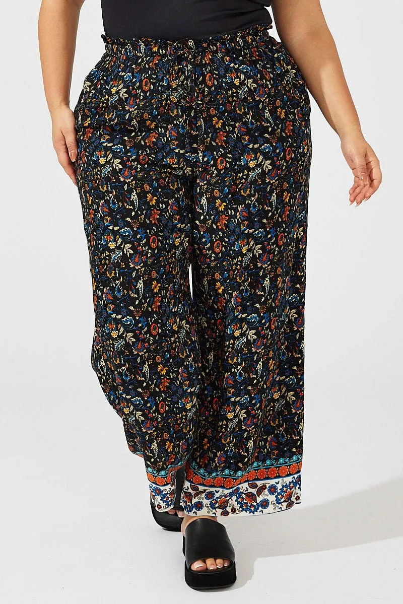 Black Boho Wide Leg Pants High Rise