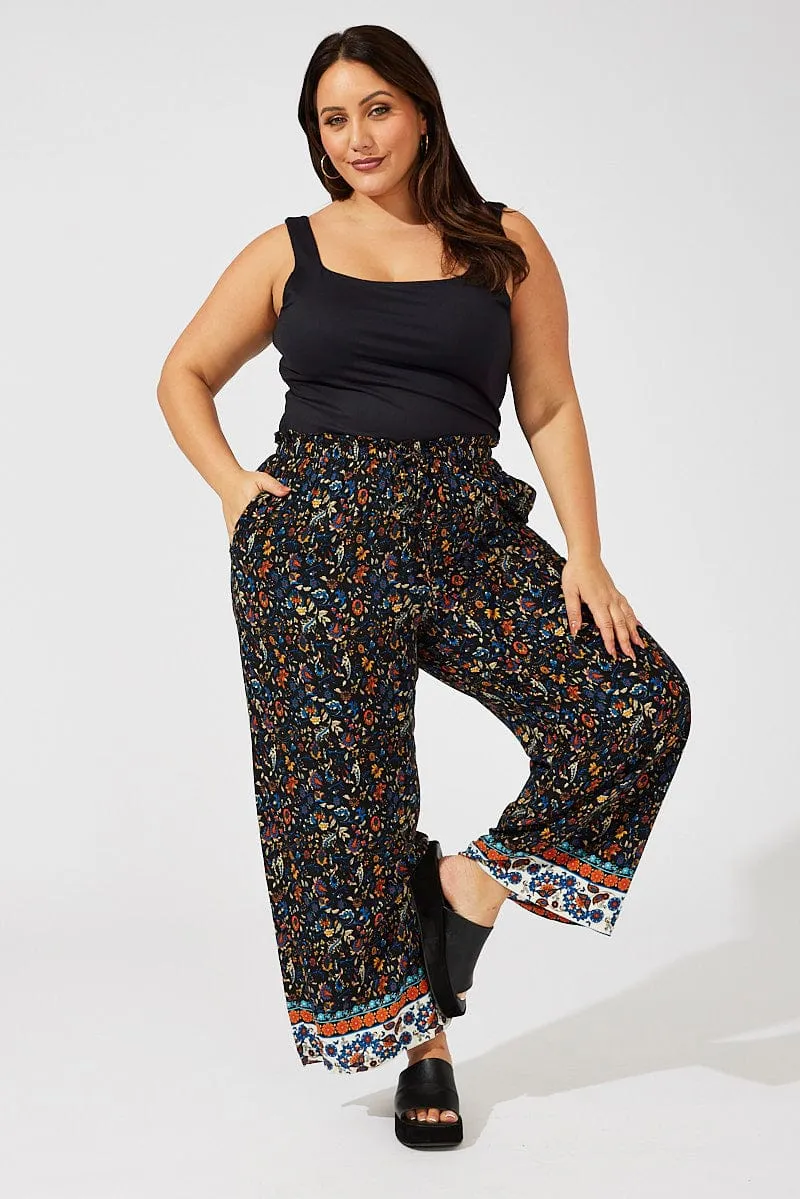 Black Boho Wide Leg Pants High Rise