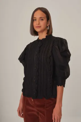 Black Short Sleeve Pleated Blouse