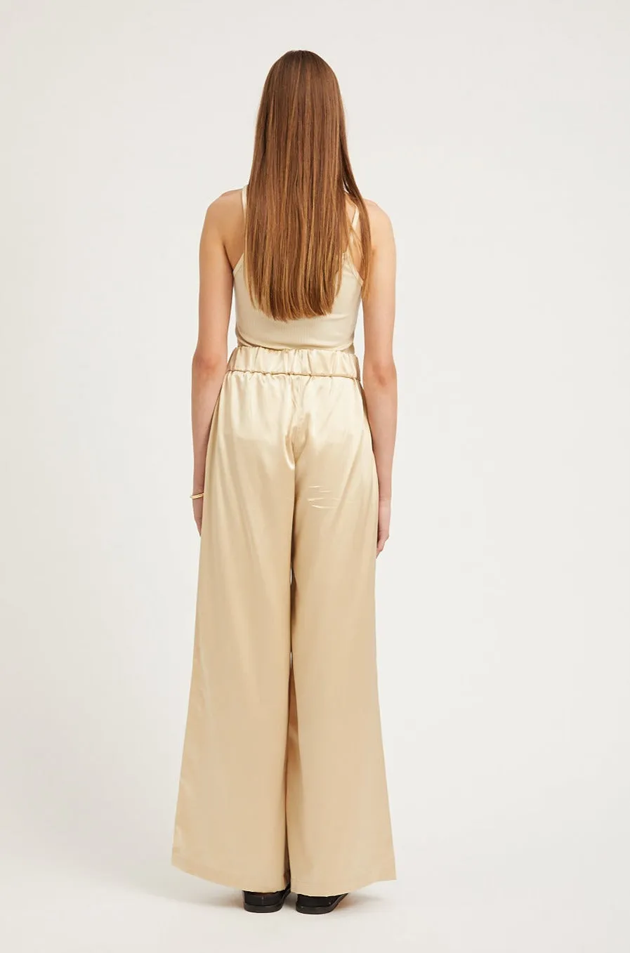 Cream Silk Wide Leg Pintuck Pants