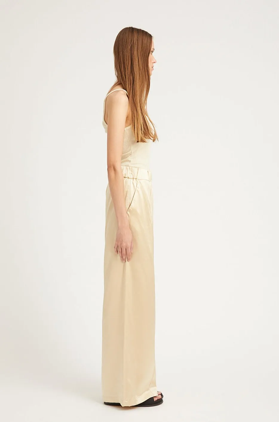 Cream Silk Wide Leg Pintuck Pants