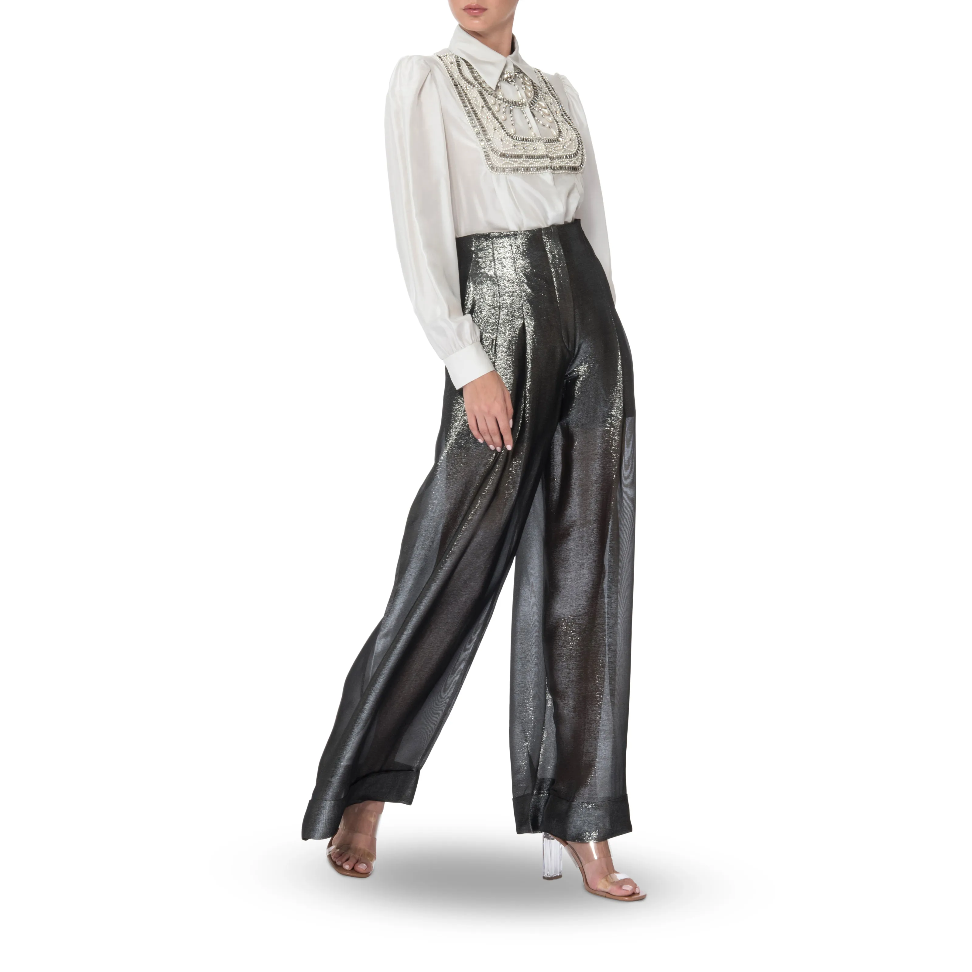 Dark Grey Lame Palazzo Pants