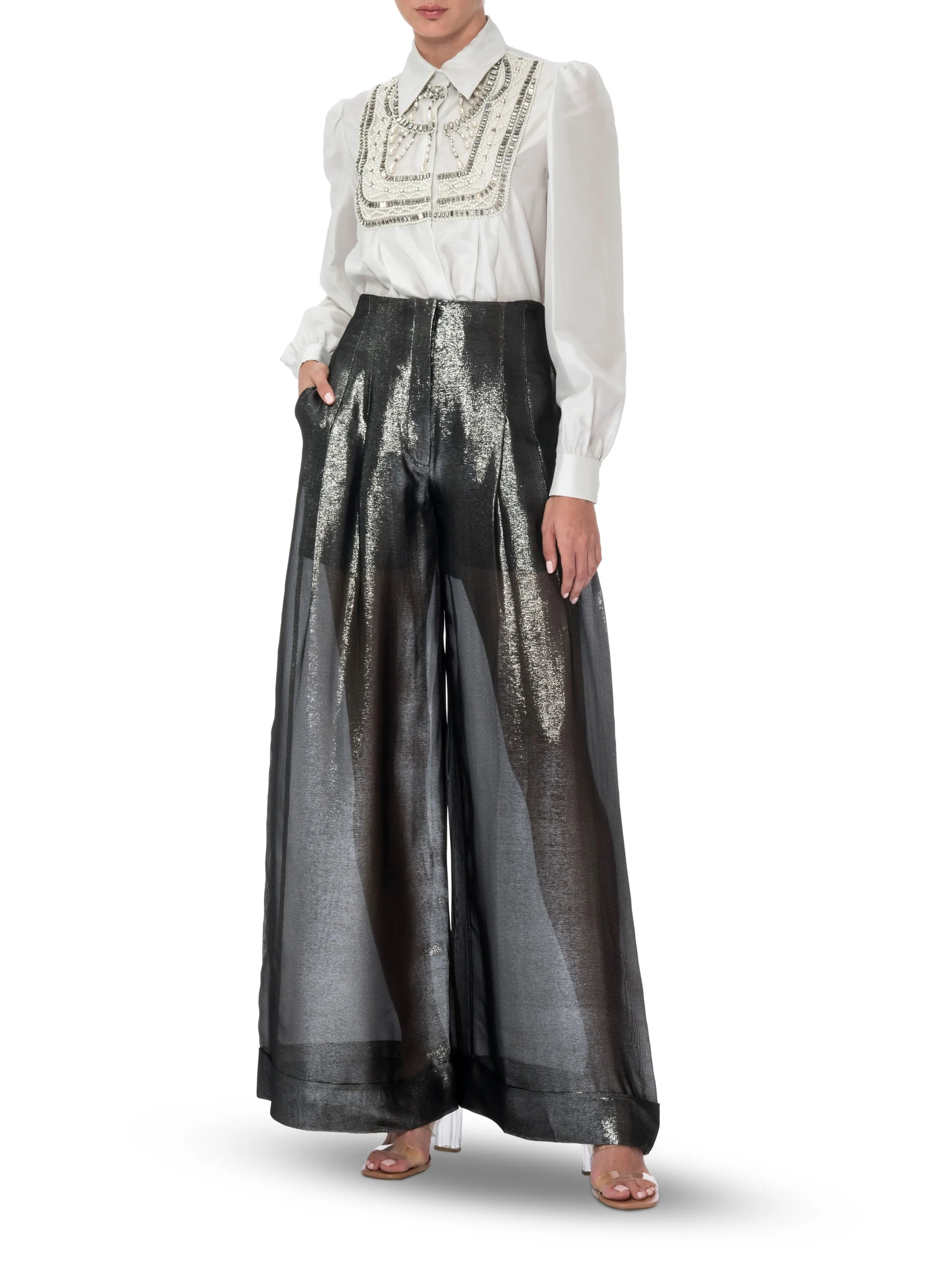 Dark Grey Lame Palazzo Pants