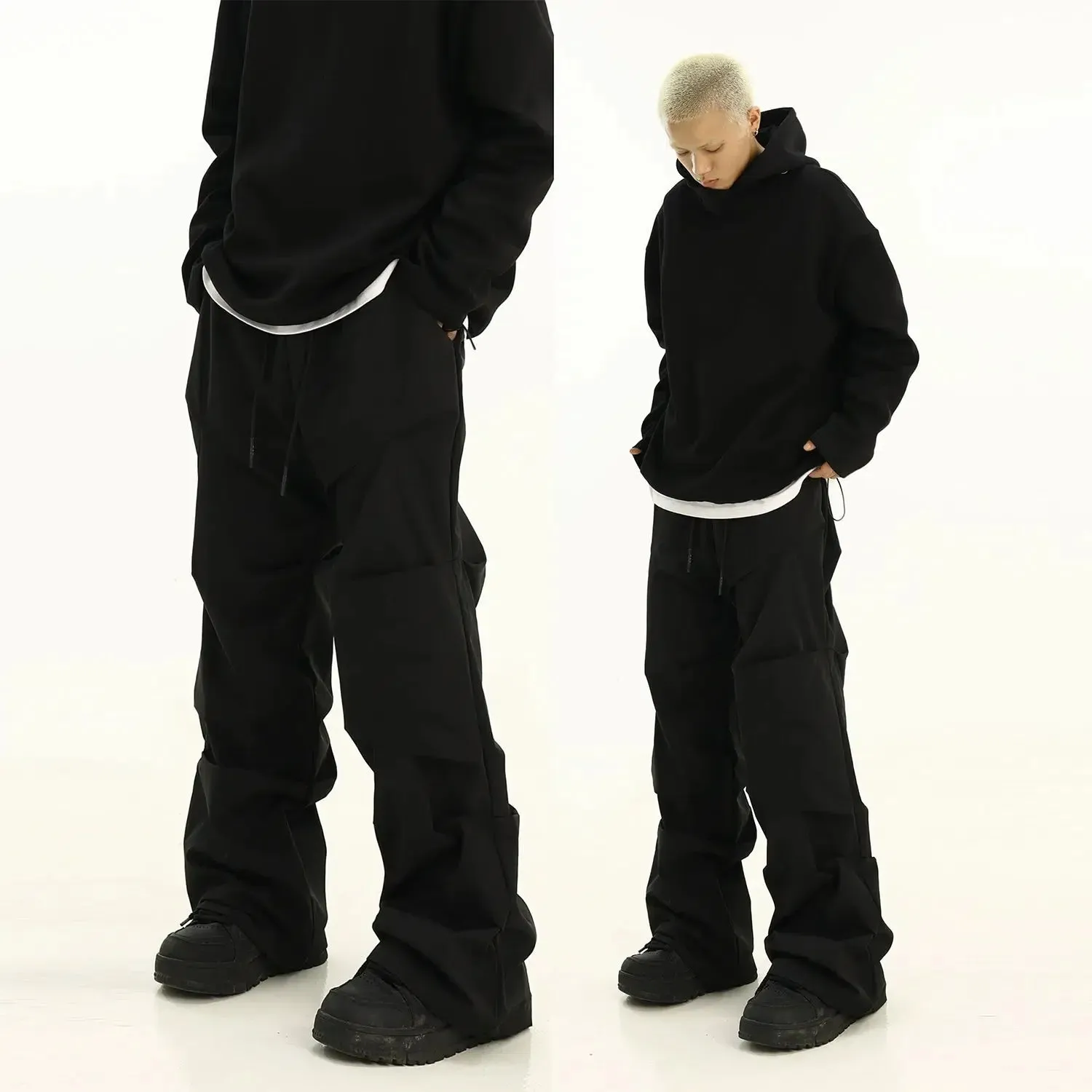 Drawstring Pleated Straight Parachute Pants