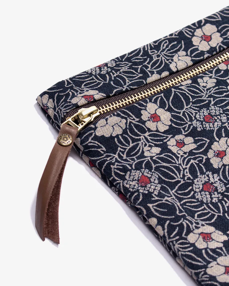 Flat Medium Zipper Pouch, Indigo Small Tsubaki