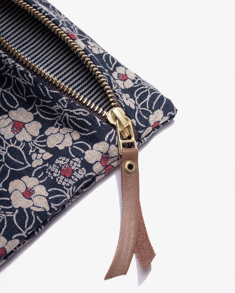 Flat Medium Zipper Pouch, Indigo Small Tsubaki