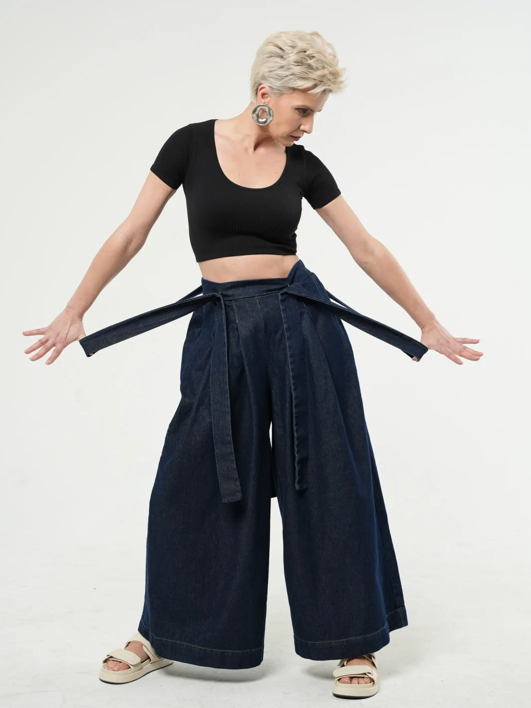 Full-length Wide-leg Dark Denim Pants