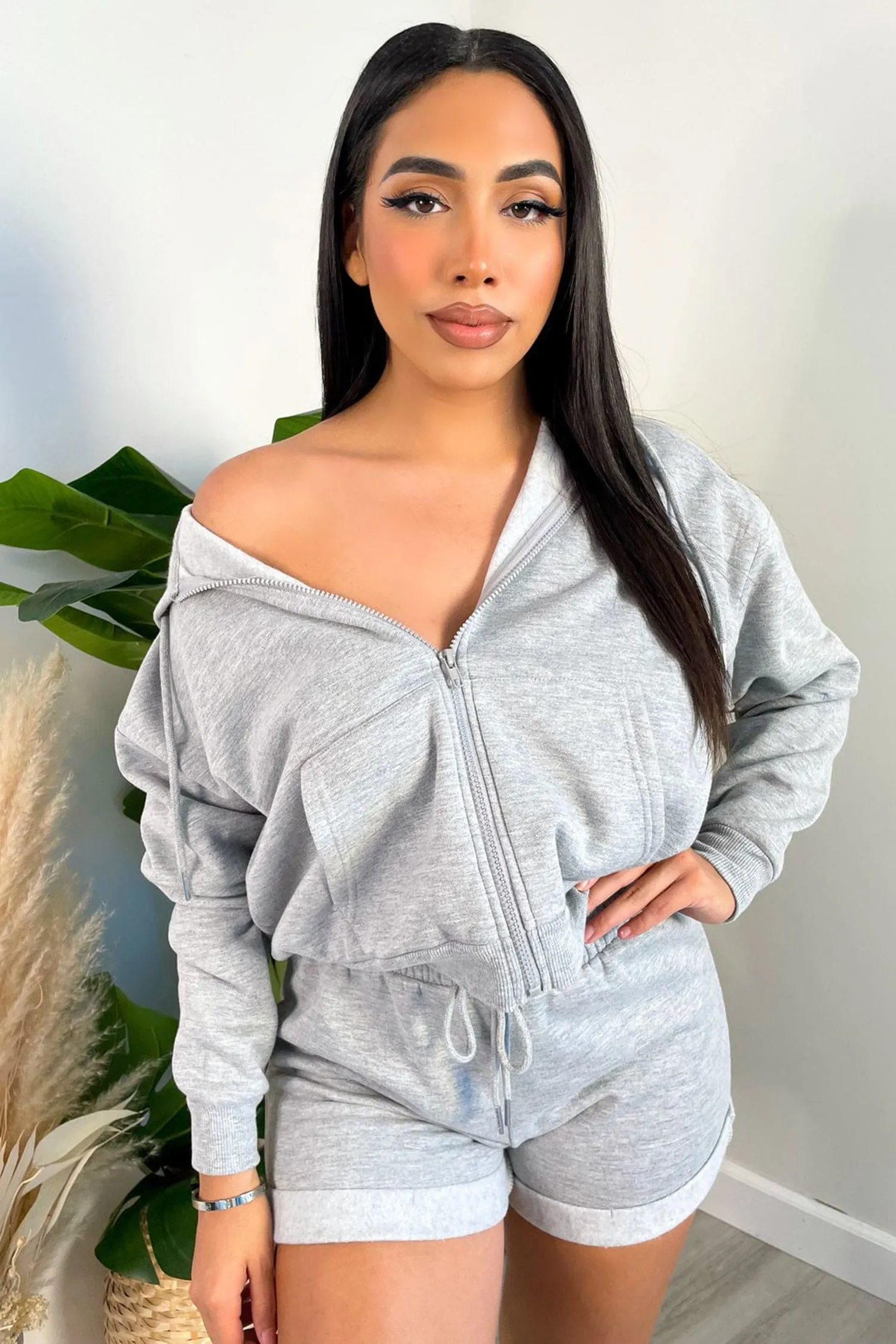 Grey Cropped Zipper Up Hoodie And Lounge Shorts Set