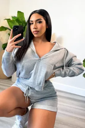 Grey Cropped Zipper Up Hoodie And Lounge Shorts Set