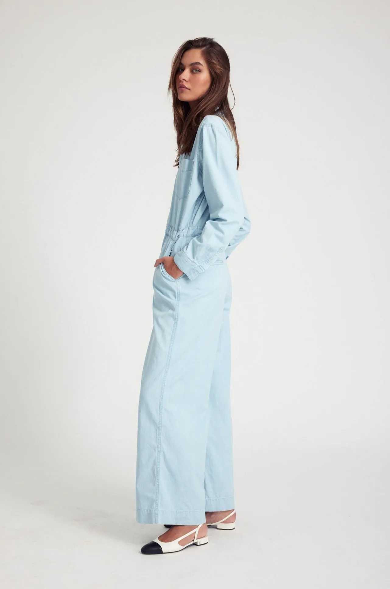 Light Blue Chambray Wide Leg Jumpsuit