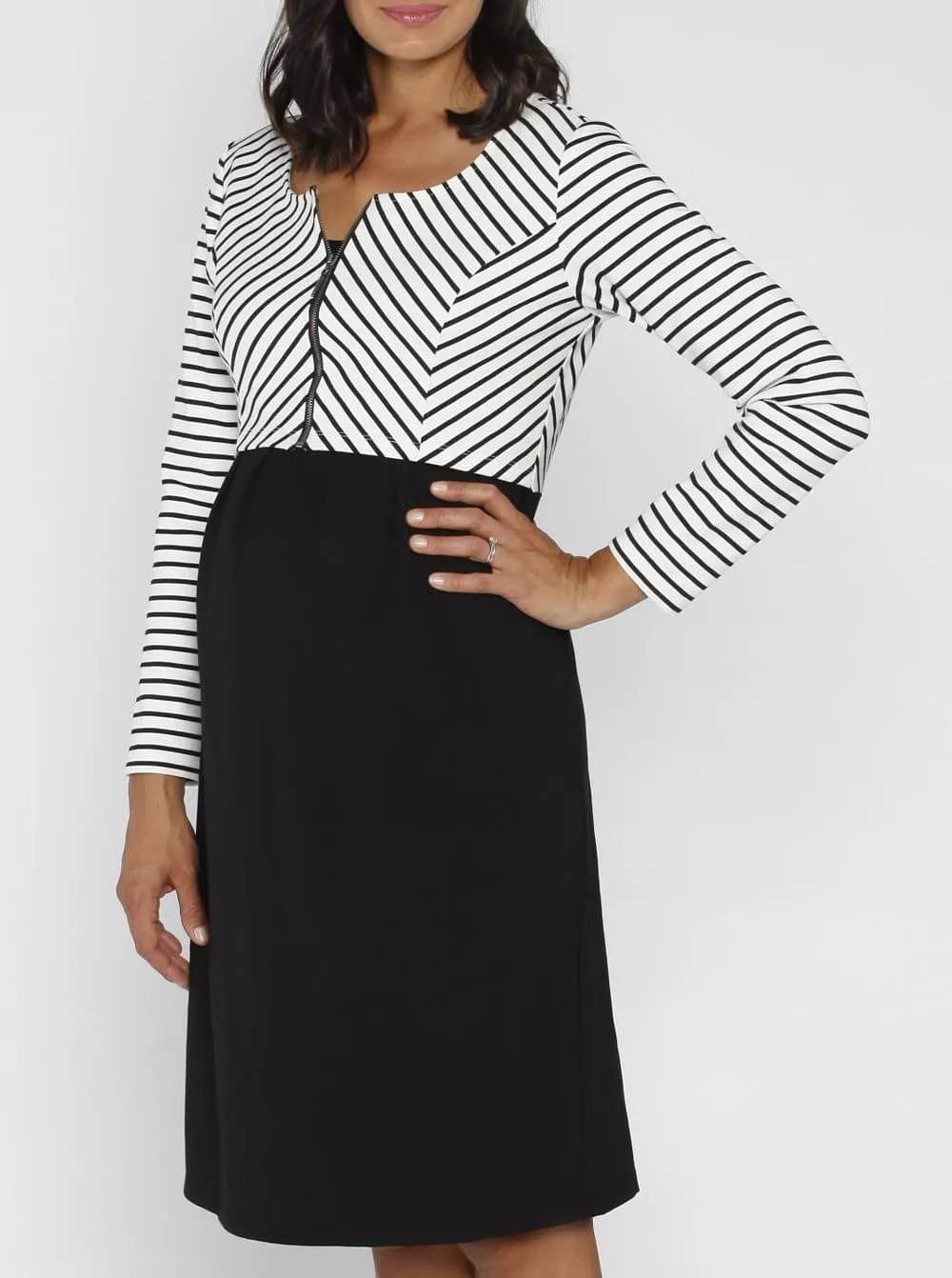 Maternity Stripe Work Dress with Zipper Details - Black