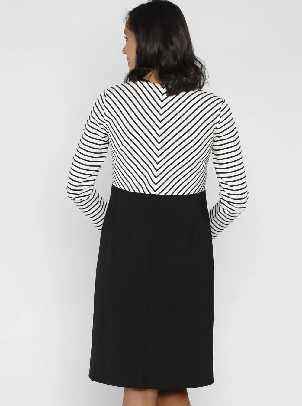 Maternity Stripe Work Dress with Zipper Details - Black