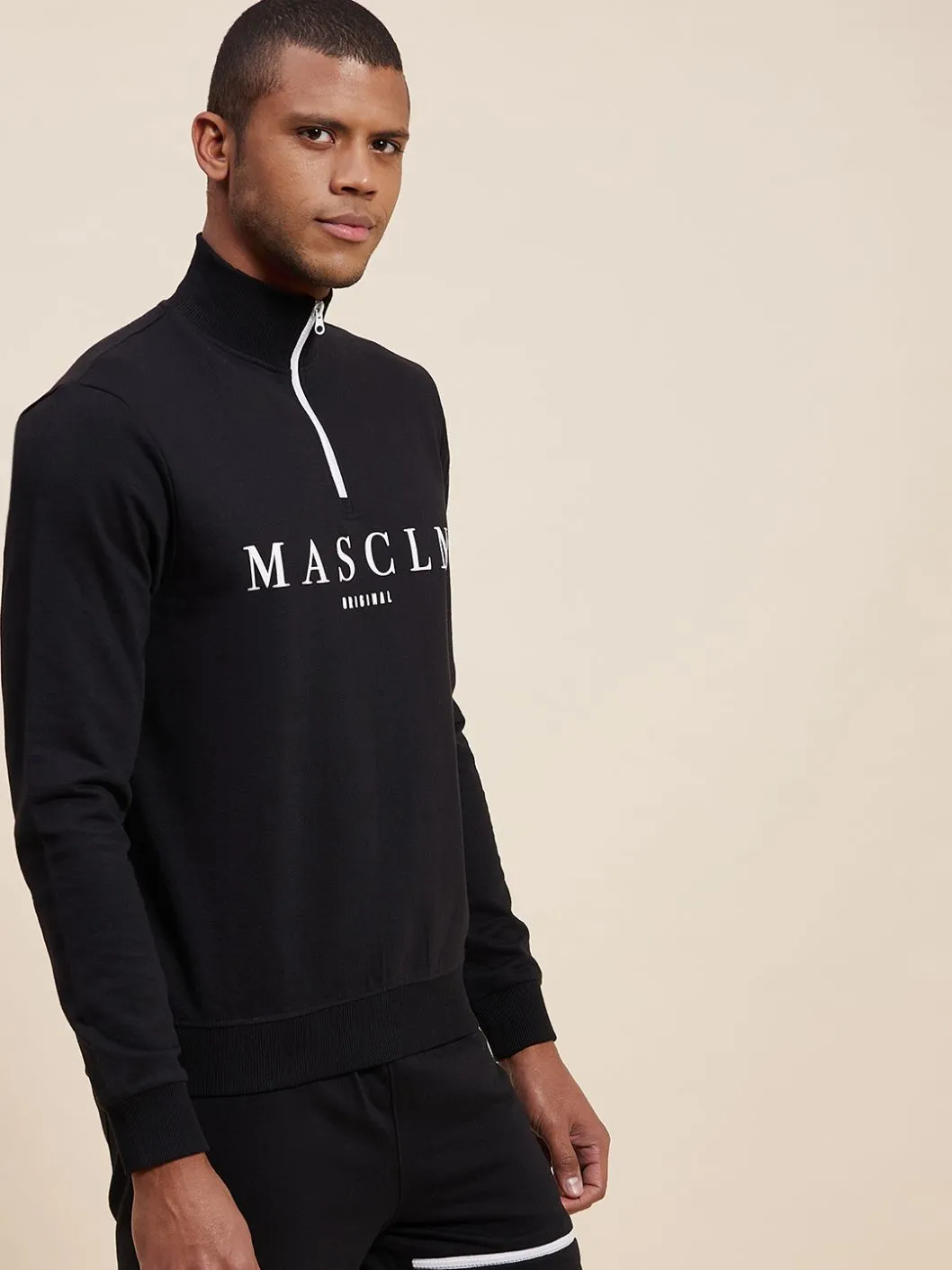 Men's Black High Neck Half Zipper MASCLN Sweatshirt